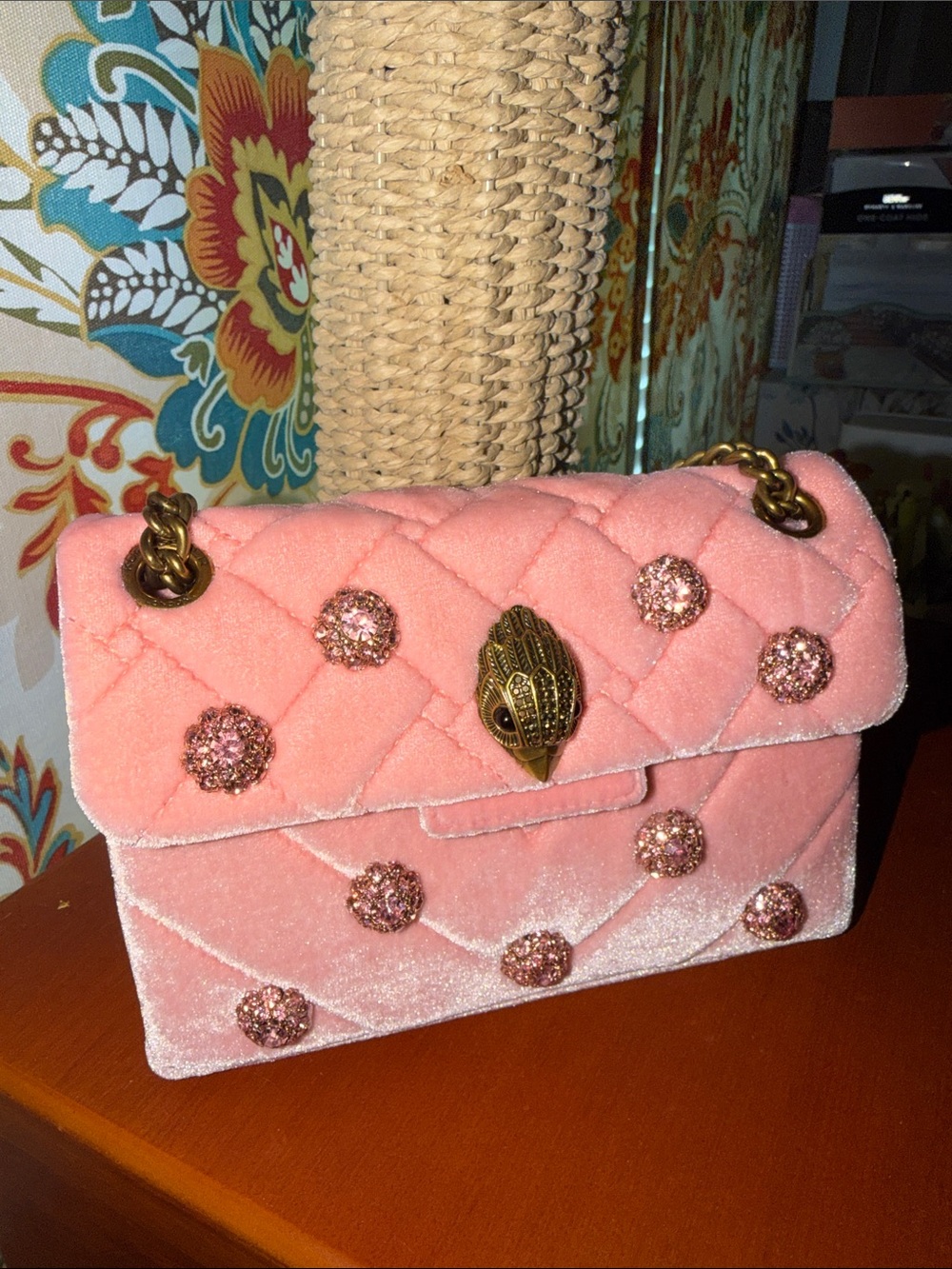 Kurt Geiger Pink Quilted Velvet Chain HangBag with Crystal Buttons
